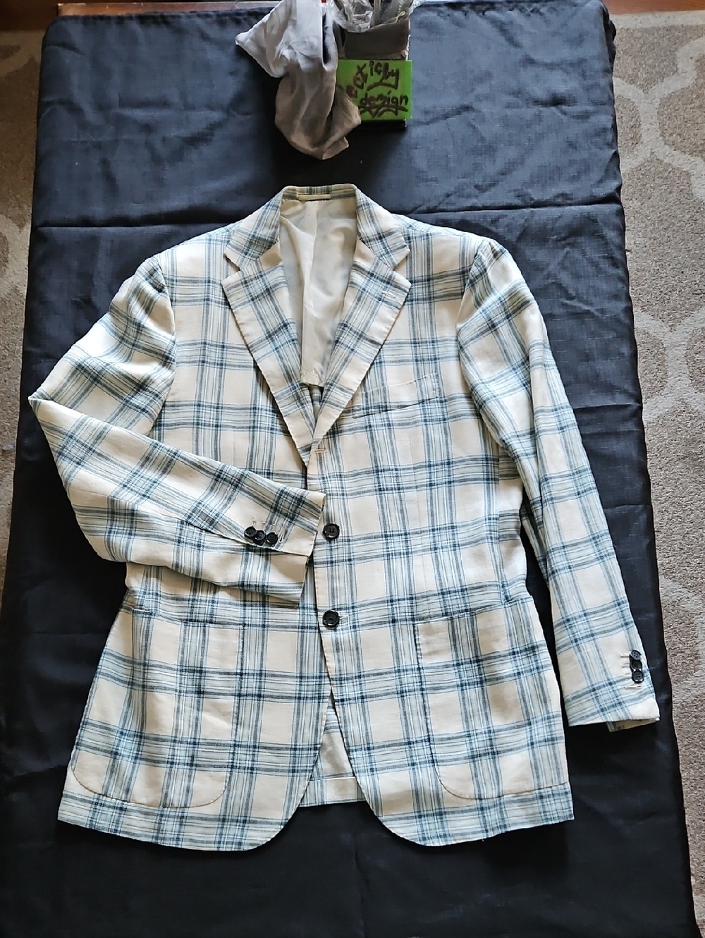 Kiton Cream Plaid Blazer with Blue Windowpane